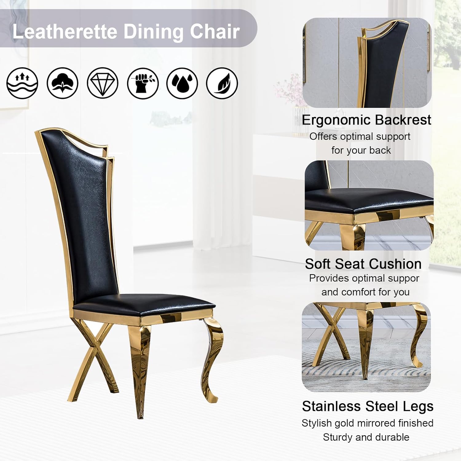 70" Black Gold Marble Dining Table Set with 6 PU Leather Chairs T72128