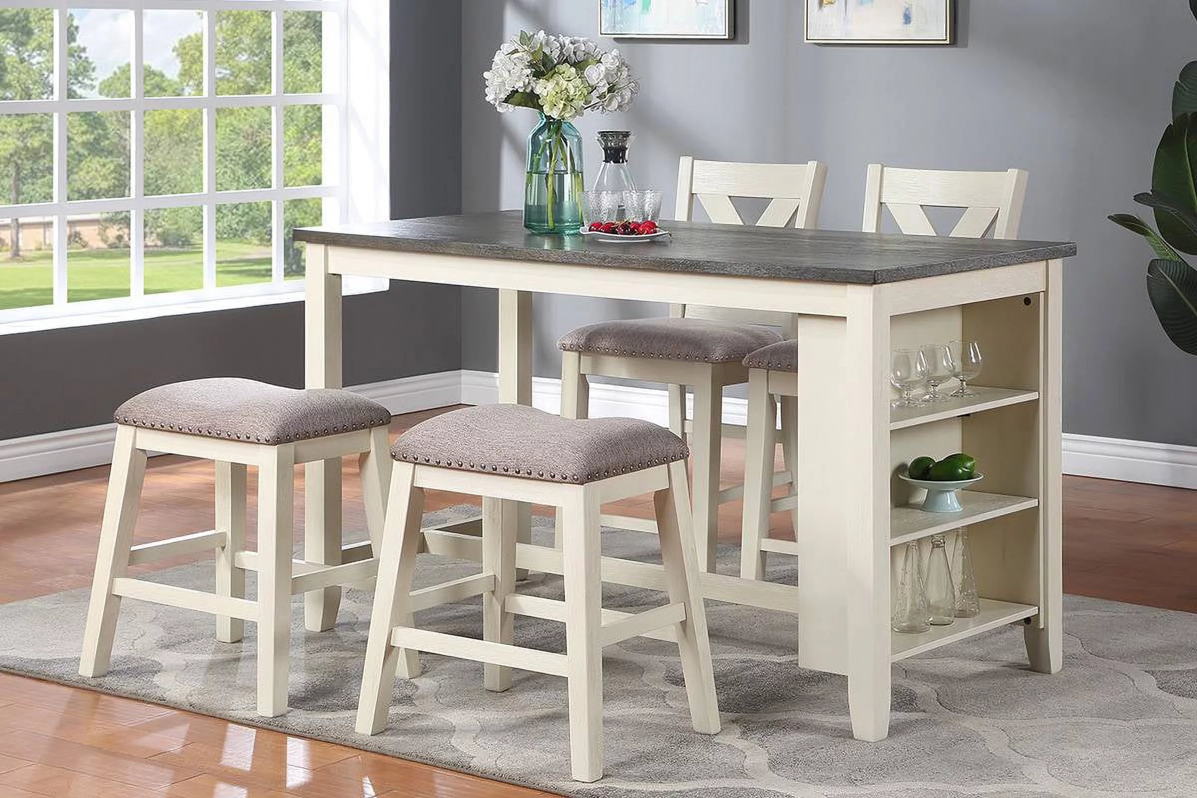 5pc Counter Height Dining Table with Storage Shelves and Stools E52093