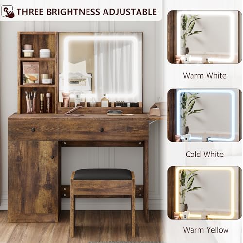 White Vanity Desk with Mirror and Lights, 2 Drawers X42598