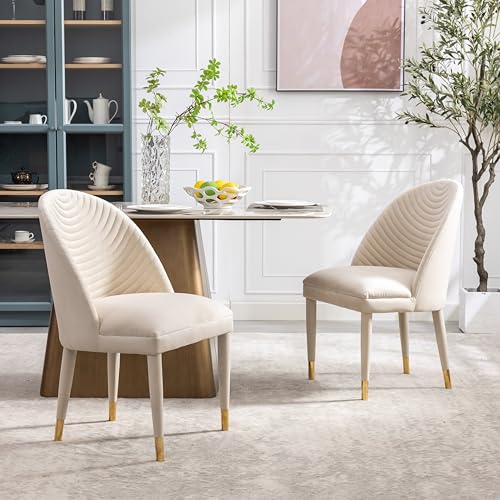 Beige Velvet Set of 2 Dining Chairs with Solid Wood Legs L33831