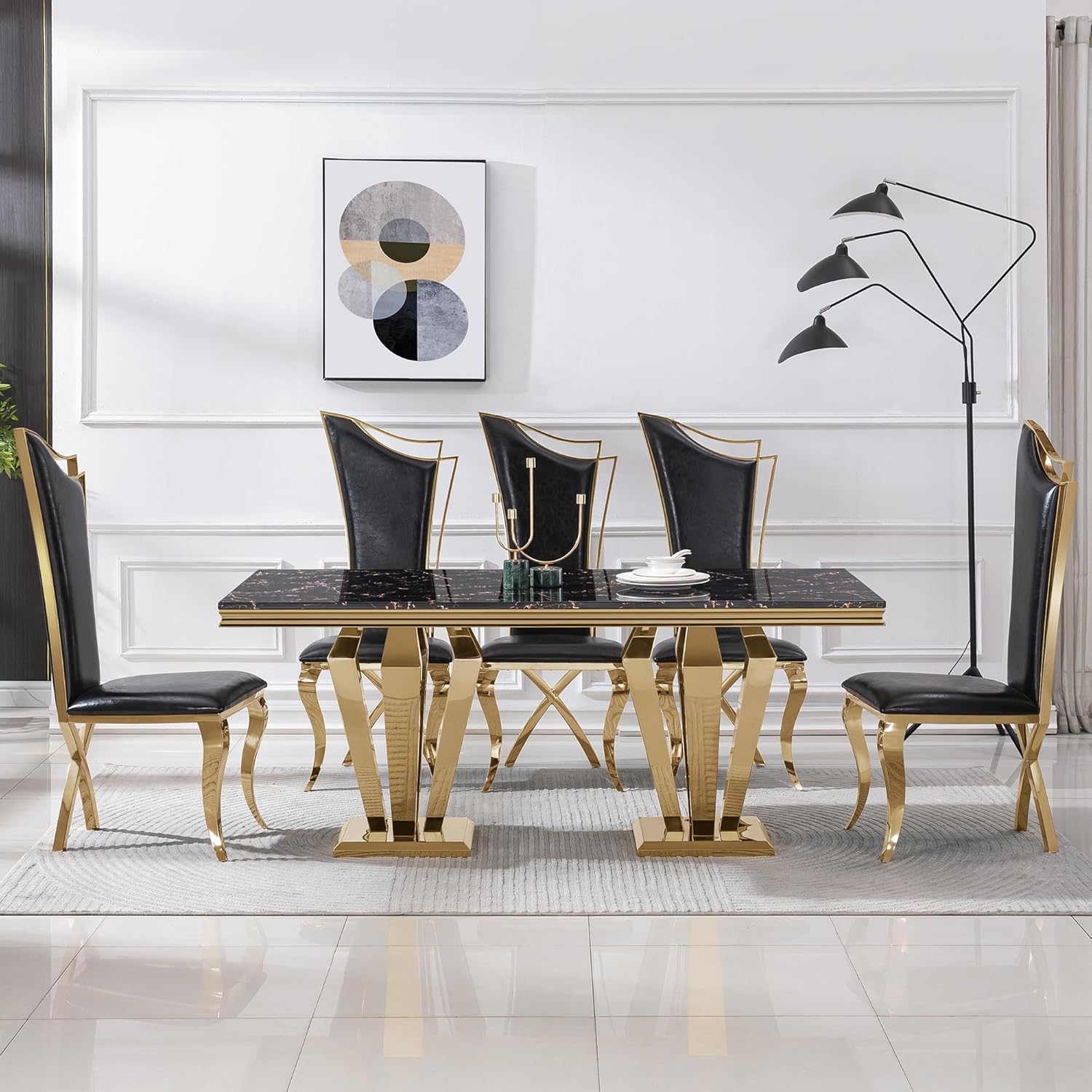 70" Black Gold Marble Dining Table Set with 6 PU Leather Chairs T72128