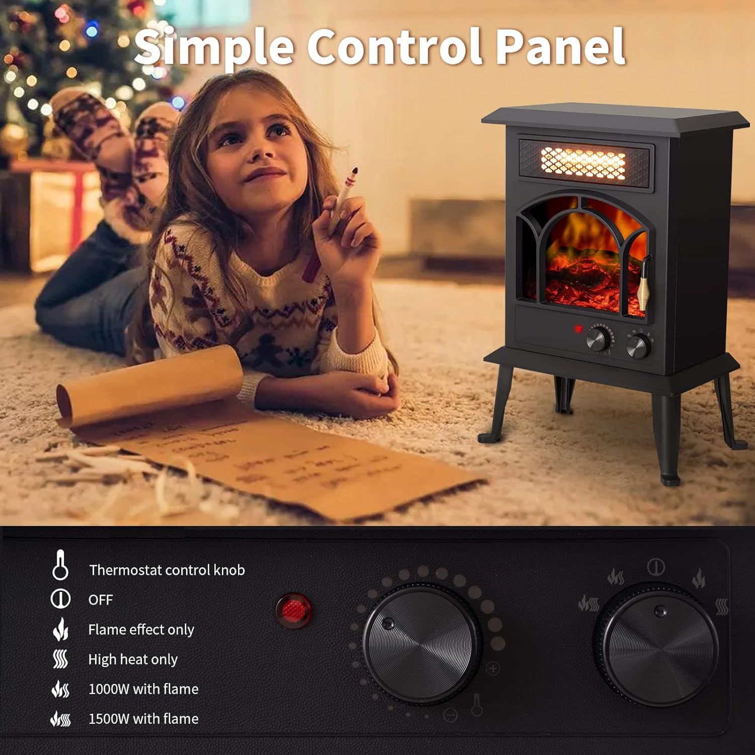 1500W Portable Infrared Electric Fireplace Heater with Realistic Flame Effects C791857