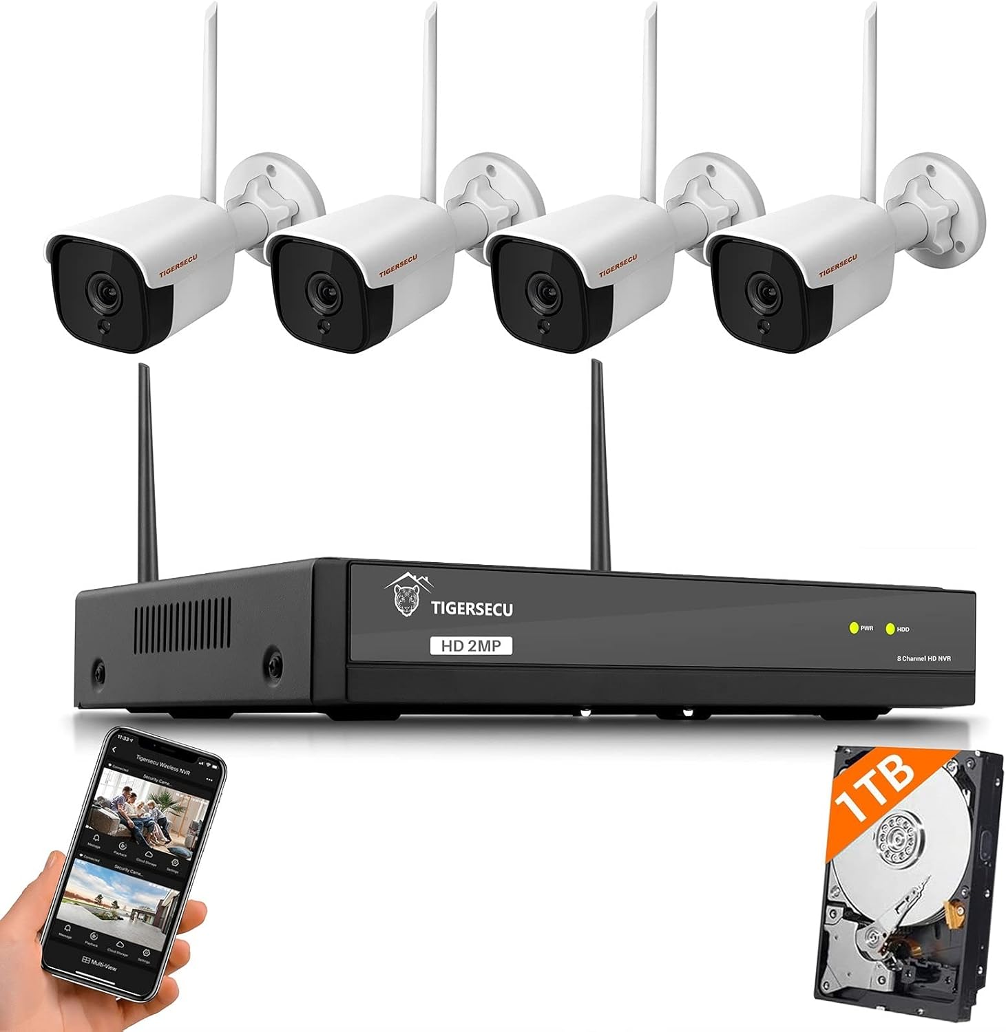 1080P WiFi NVR Security Camera System with Two Way Audio, 1TB Hard Drive, 8 Channel NVR with 4 1080P Wi-Fi IP Cameras B4724