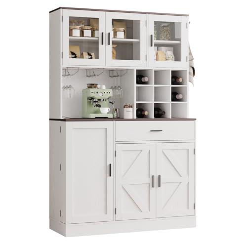 White Tall Kitchen Pantry Cabinet with Glass Doors and Adjustable Shelves P26221