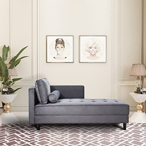 64" Upholstered Velvet Chaise Lounge with Left Armrest & Lumbar Pillow B400570