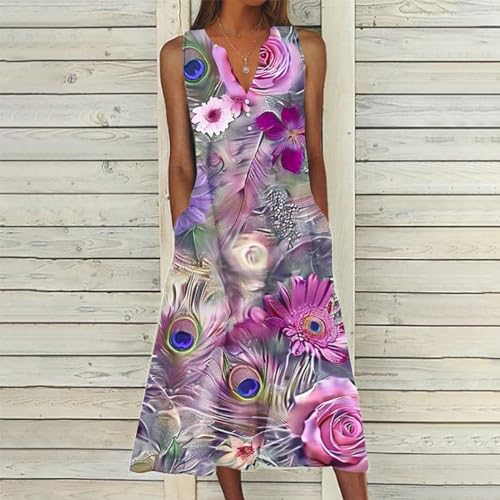 Vintage Ethnic Floral Boho Summer Maxi Dress with Pockets Buttons V Neck I4454