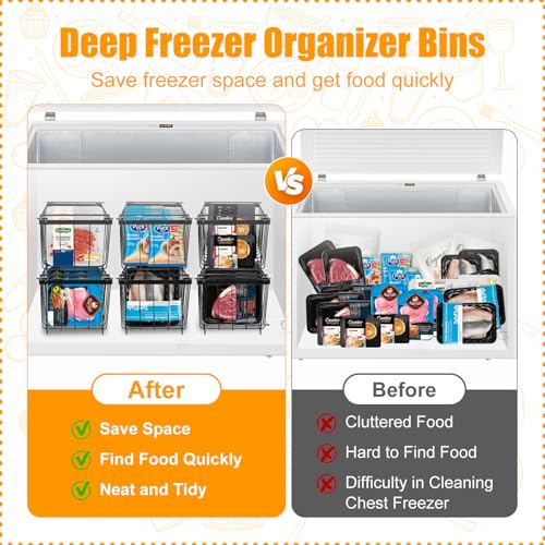 6 Pack Stackable Freezer Organizer Bins with Handles, Black A31204