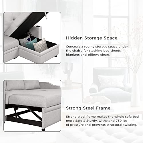 80.3" Linen Fabric Pull Out Sofa Bed with Storage Chaise Q51521