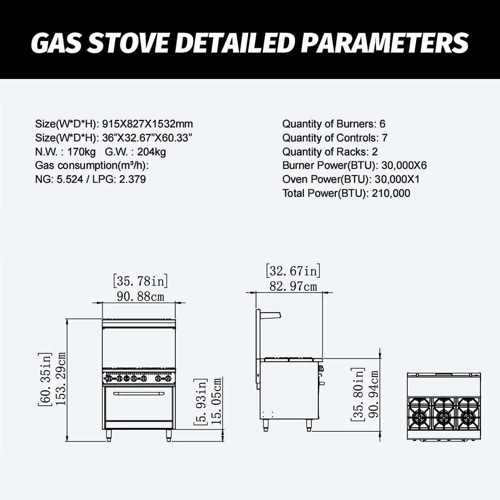 36" Gas Range Stove With 6 Burners T558486