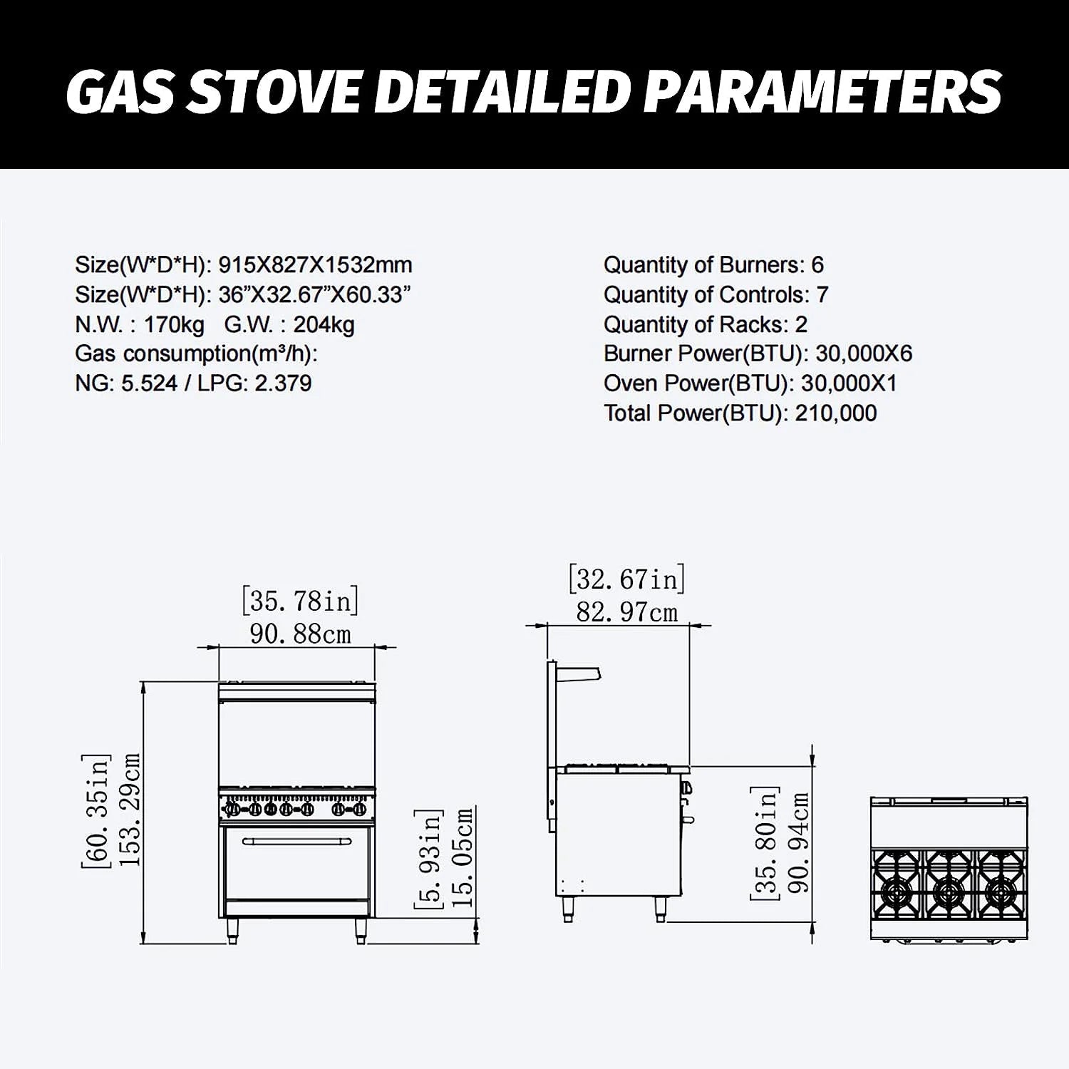 36" Gas Range Stove With 6 Burners T558486