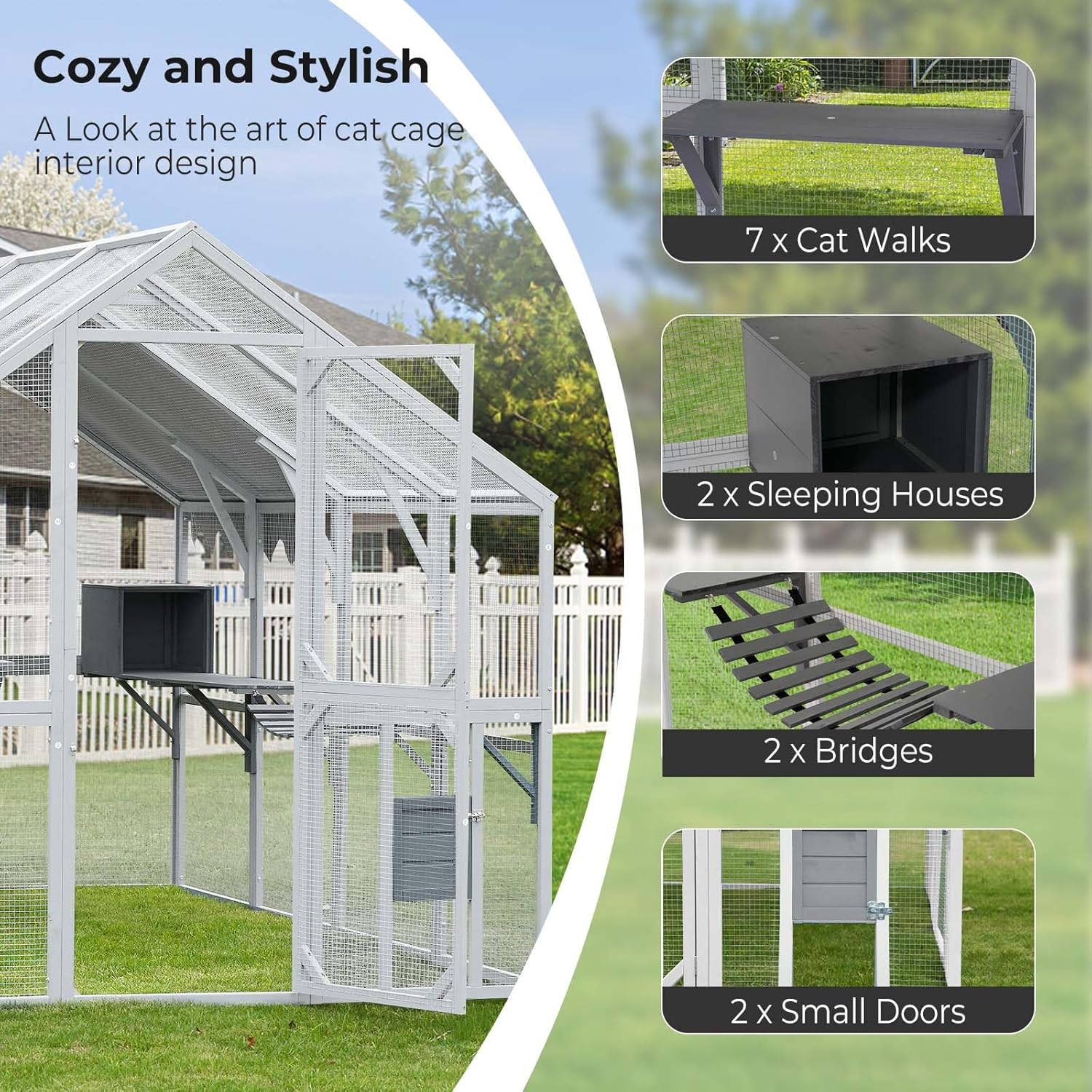 Large Wooden Outdoor Cat Enclosure with Waterproof Cover W18196
