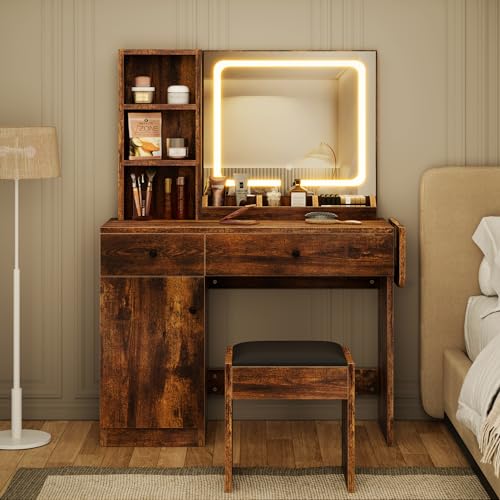 White Vanity Desk with Mirror and Lights, 2 Drawers X42598