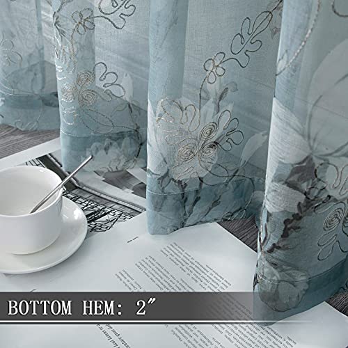 Floral Blue Short Sheer Curtains, 54 x 45 inches, Set of 2 Panels L4439