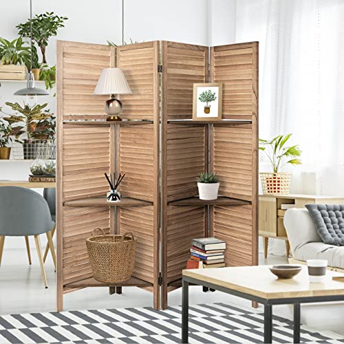 4 Panel Brown Wood Room Divider with Shelves M171