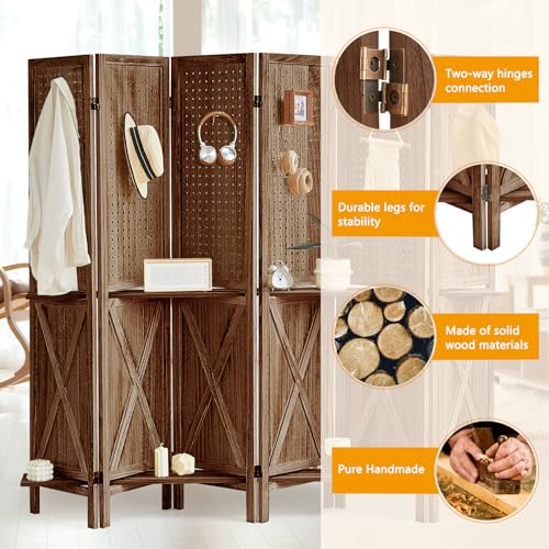 Brown Wooden Pegboard Room Divider with 16 Hooks B557
