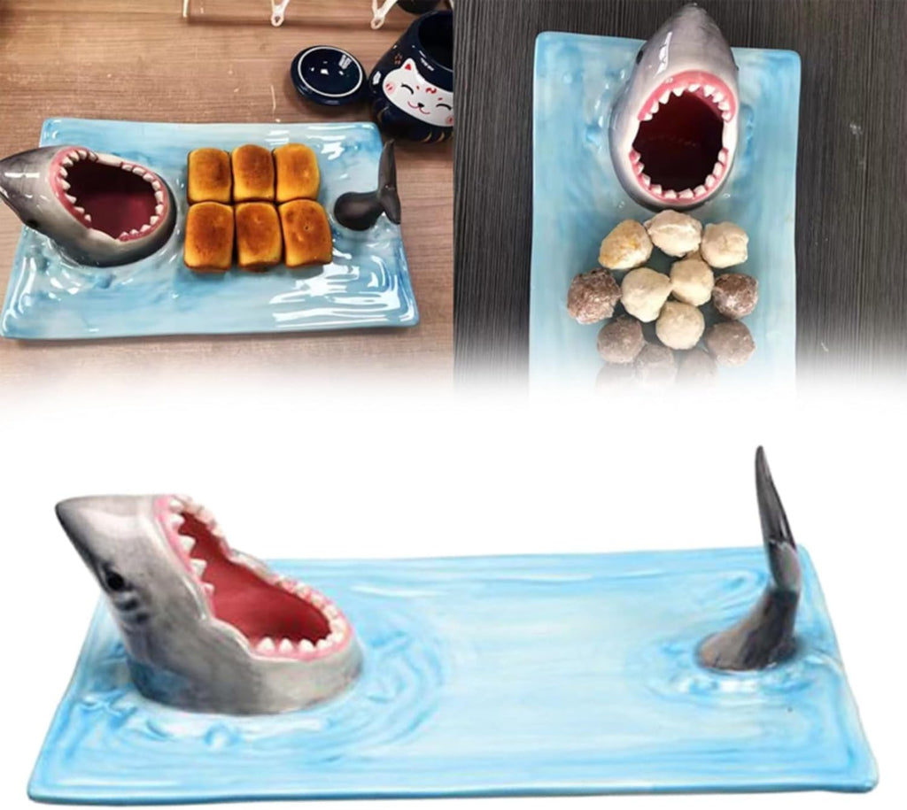 Shark Ceramic Sushi Plate with Soy Sauce Bowl and Chopstick Holder V4057
