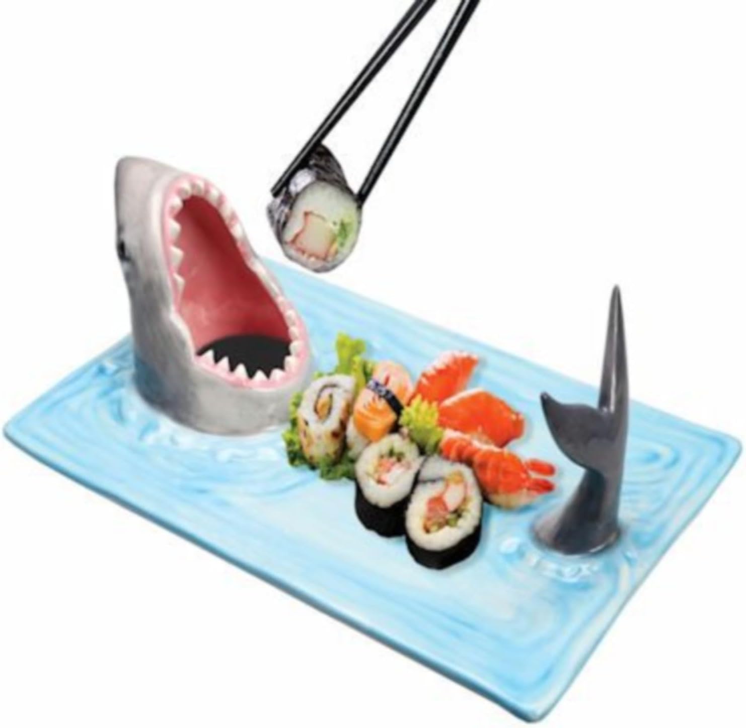 Shark Ceramic Sushi Plate with Soy Sauce Bowl and Chopstick Holder V4057