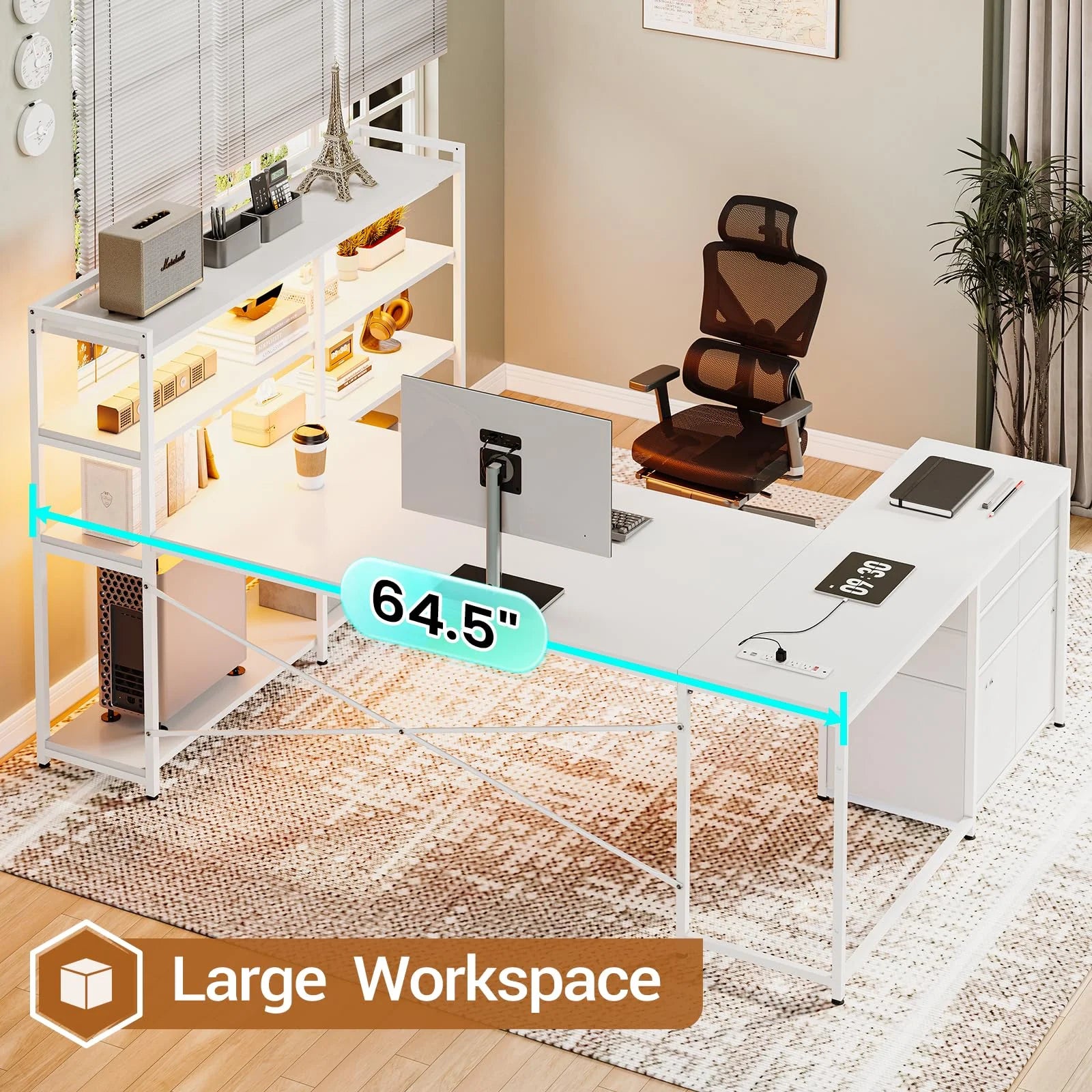 White L Shaped Computer Desk with Power Outlet and Storage Shelves T815744