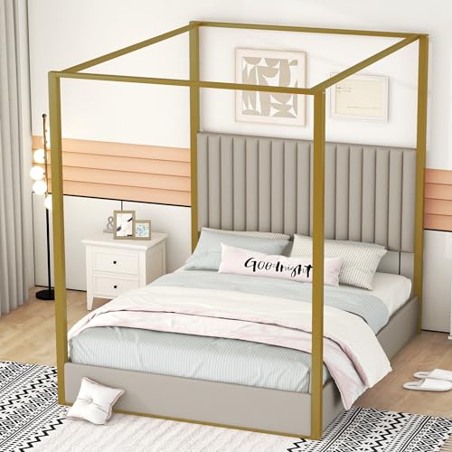 Queen Size Beige Upholstered Canopy Platform Bed Frame K270