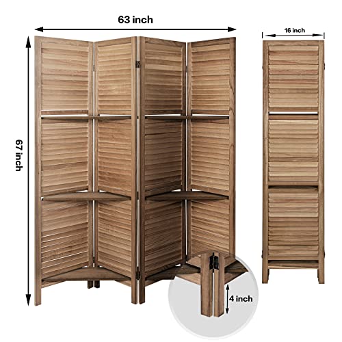 4 Panel Brown Wood Room Divider with Shelves M171