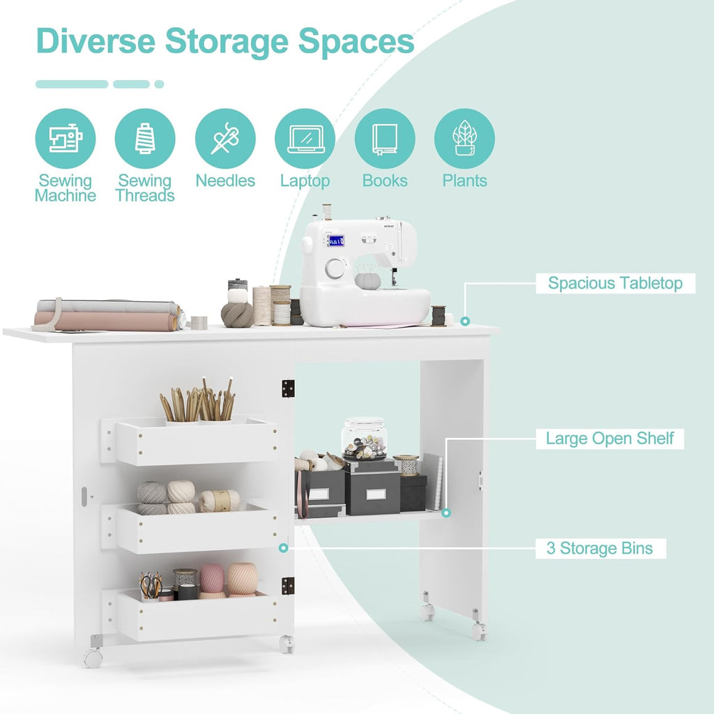 White Folding Sewing Table with 3 Storage Shelves and Lockable Casters V51131
