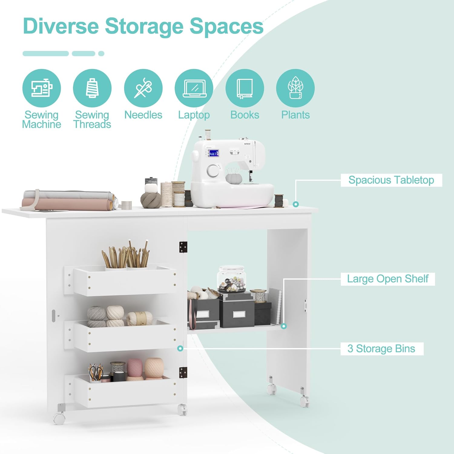 White Folding Sewing Table with 3 Storage Shelves and Lockable Casters V51131