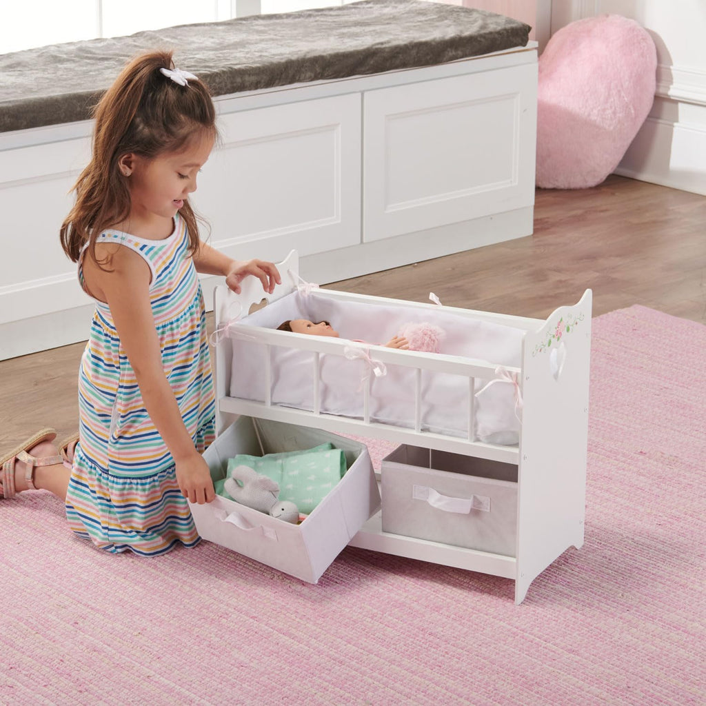Toy Doll Bed with White Bedding and Storage Baskets W441243