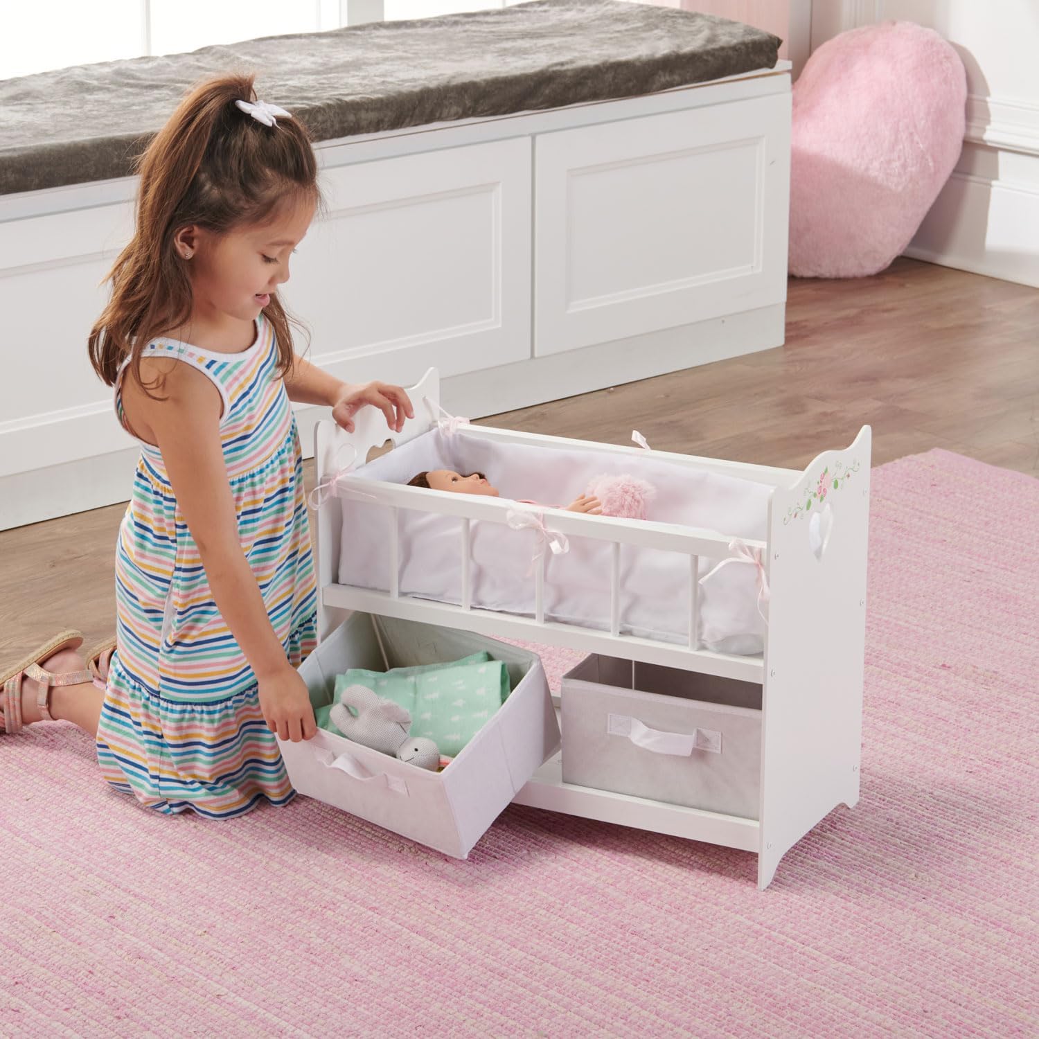 Toy Doll Bed with White Bedding and Storage Baskets W441243