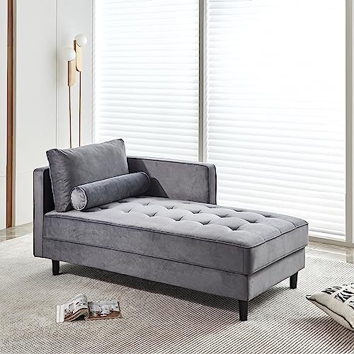 64" Upholstered Velvet Chaise Lounge with Left Armrest & Lumbar Pillow B400570