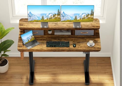 Rustic Brown Electric Standing Desk with Dual Drawers A8953