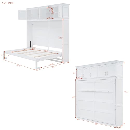 White Full Size Foldable Wall Bed with Storage Cabinet U5691