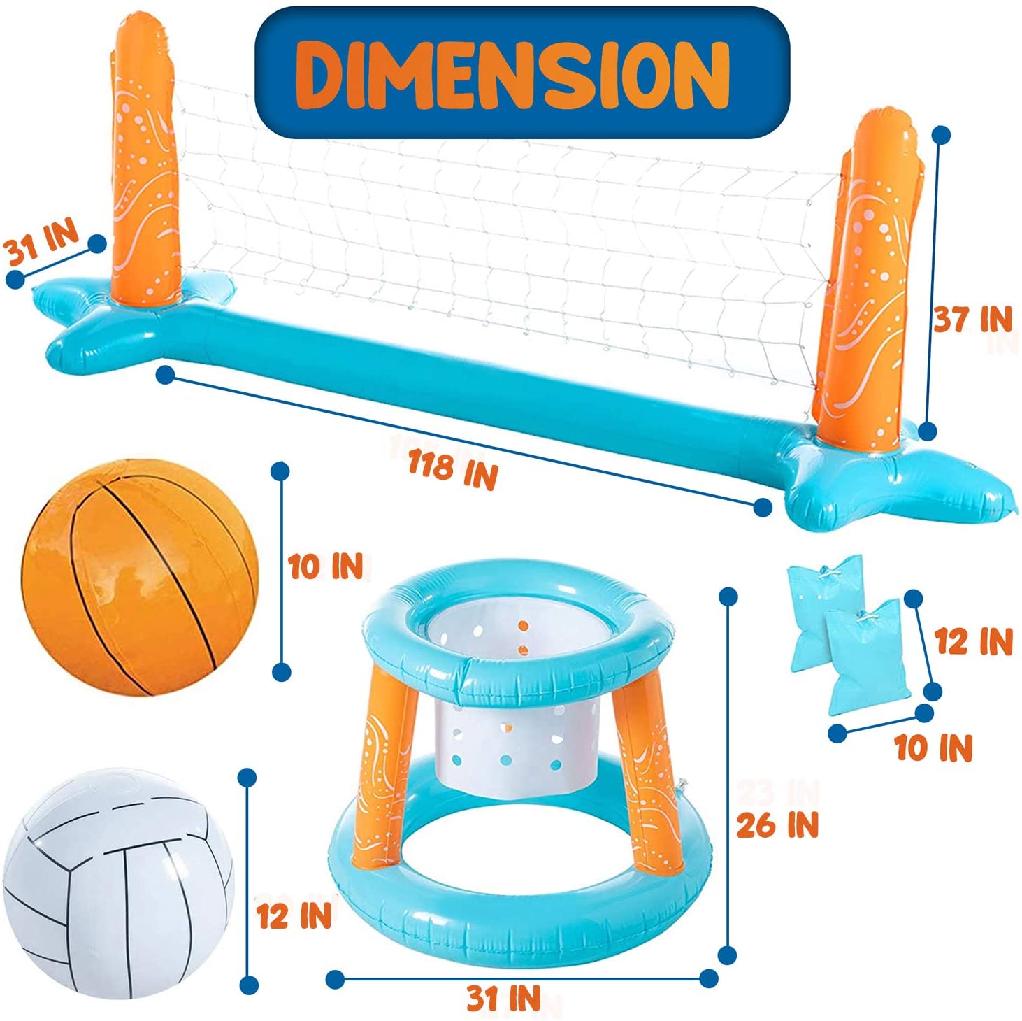 Light Blue Inflatable Pool Volleyball Set with 2 Balls and Basketball Hoops U792