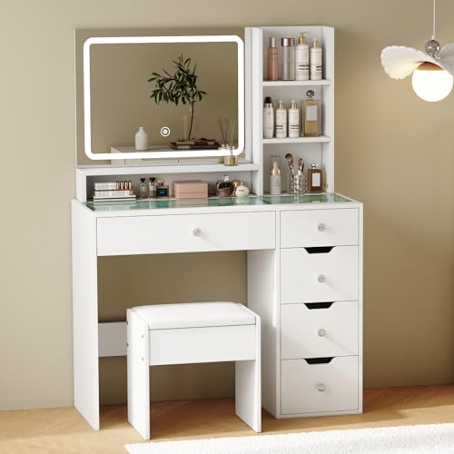 White Vanity Desk with Mirror and LED Lights, 5 Drawers, Stool T449769