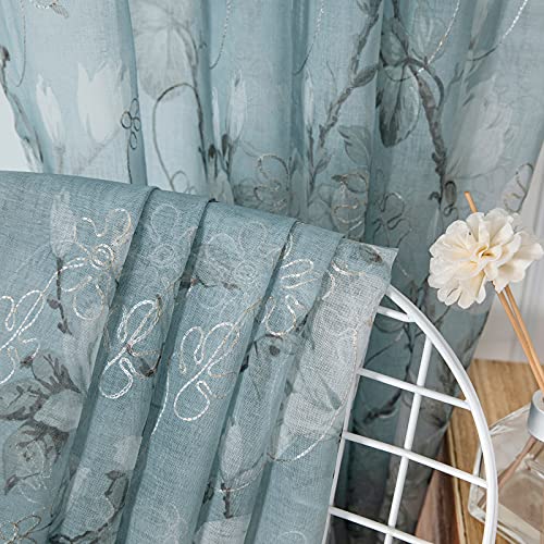 Floral Blue Short Sheer Curtains, 54 x 45 inches, Set of 2 Panels L4439