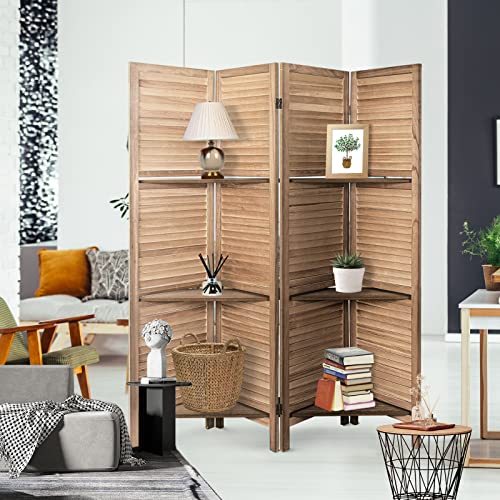 4 Panel Brown Wood Room Divider with Shelves M171