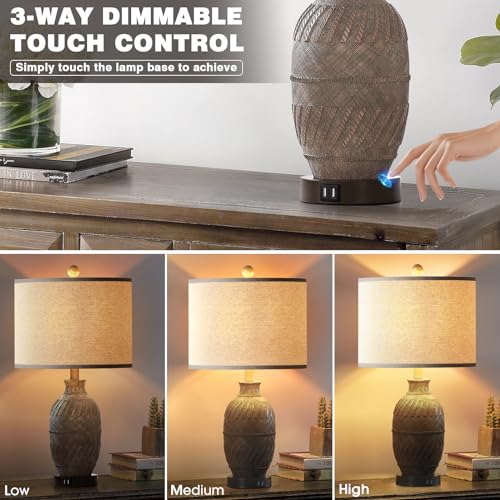 Set of 2 Dimmable Touch Control Table Lamps with USB Ports and AC Outlet F403347