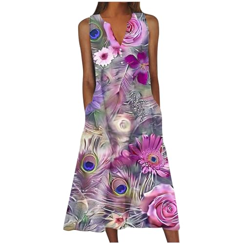 Vintage Ethnic Floral Boho Summer Maxi Dress with Pockets Buttons V Neck I4454