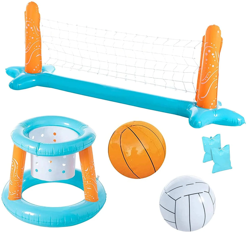 Light Blue Inflatable Pool Volleyball Set with 2 Balls and Basketball Hoops U792