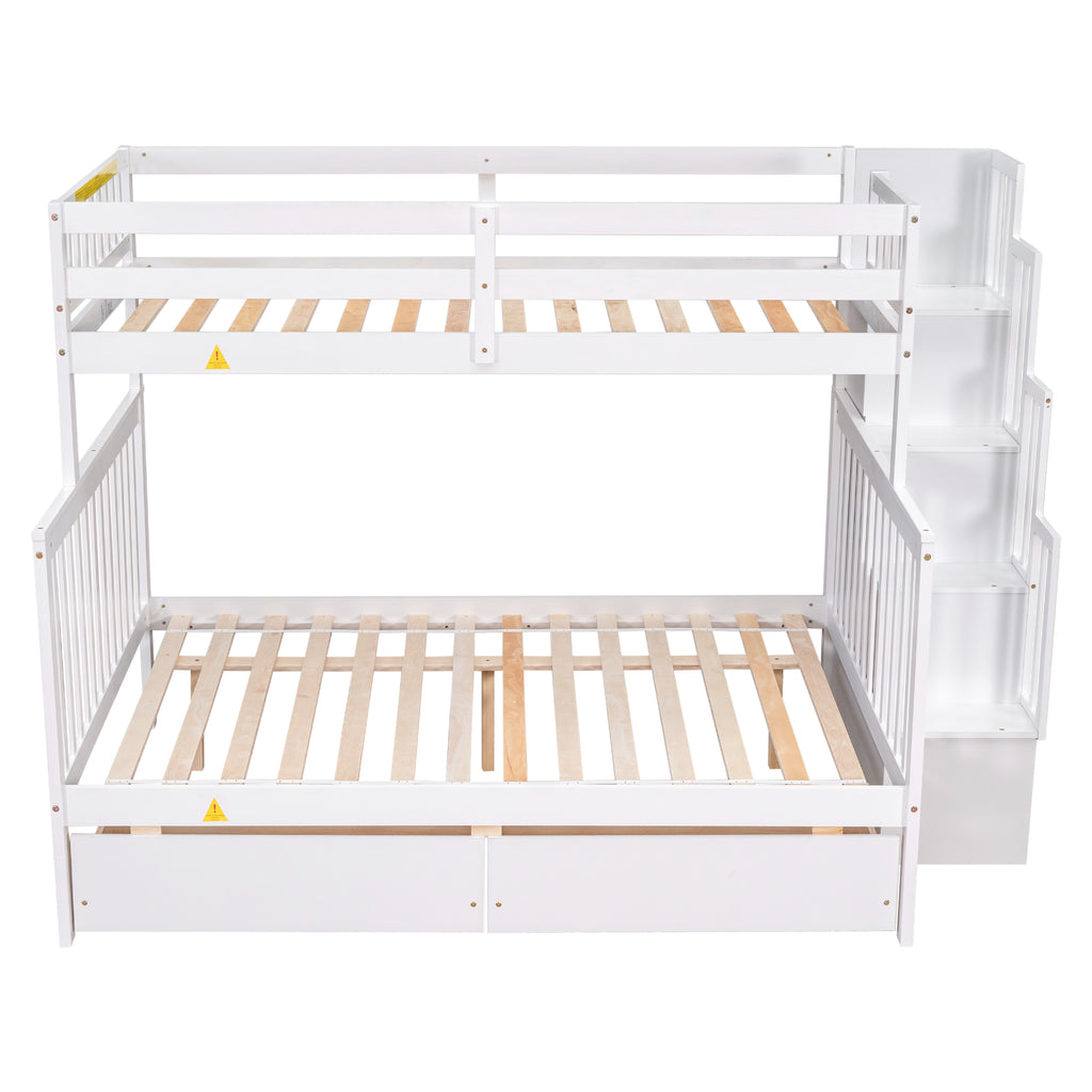 White Twin Bunk Bed with 2 Drawers and Stairs B707