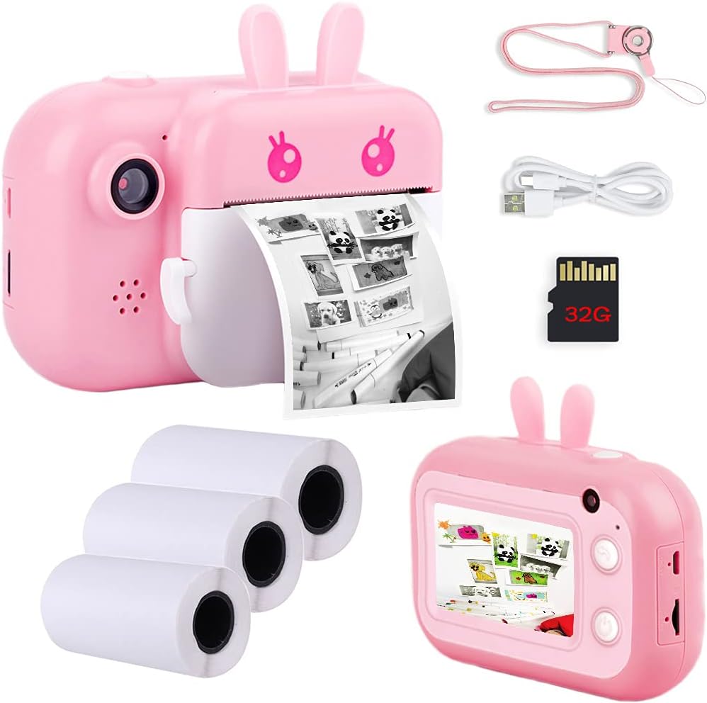 Pink 2.4 Color Screen Digital Camera with 3 Rolls Print Paper & 32GB SD Card B214