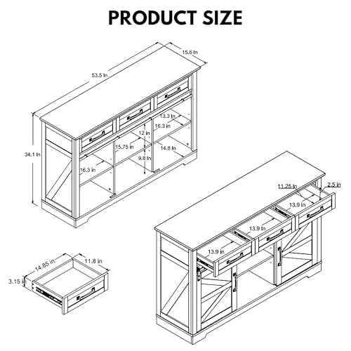 White 53" Buffet Cabinet with Sliding Barn Door and 3 Drawers H777297