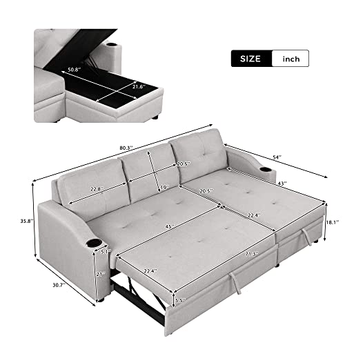80.3" Linen Fabric Pull Out Sofa Bed with Storage Chaise Q51521