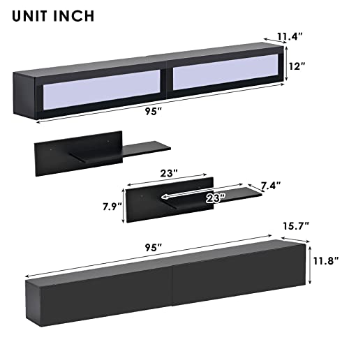 Black High Gloss Wall Mount Floating TV Stand with Four Media Storage Cabinets and Two Shelves F595409