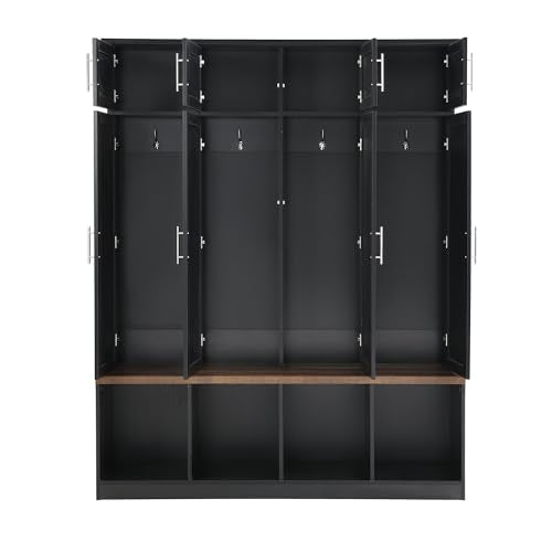 White 4 Shelves 8 Cabinets Hall Tree Coat Rack with Bench R93386