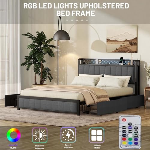Dark Gray Queen Size Upholstered Platform Bed with 4 Storage Drawers T491351