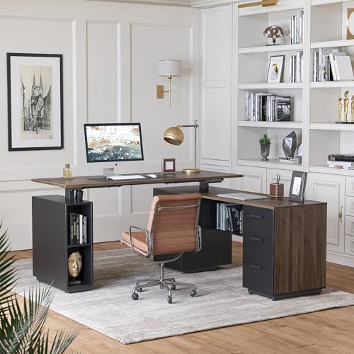 63" L Shaped Electric Height Adjustable Standing Desk with File Cabinet, Black Walnut A385