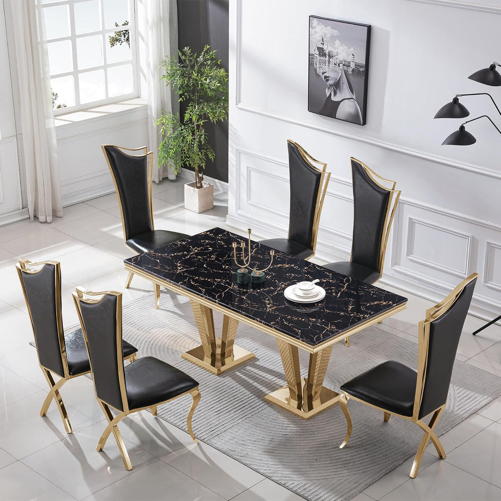 70" Black Gold Marble Dining Table Set with 6 PU Leather Chairs T72128