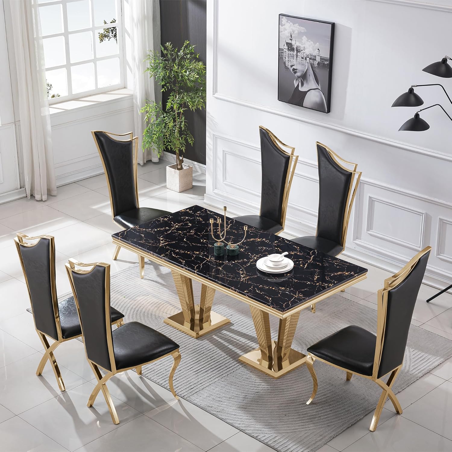 70" Black Gold Marble Dining Table Set with 6 PU Leather Chairs T72128