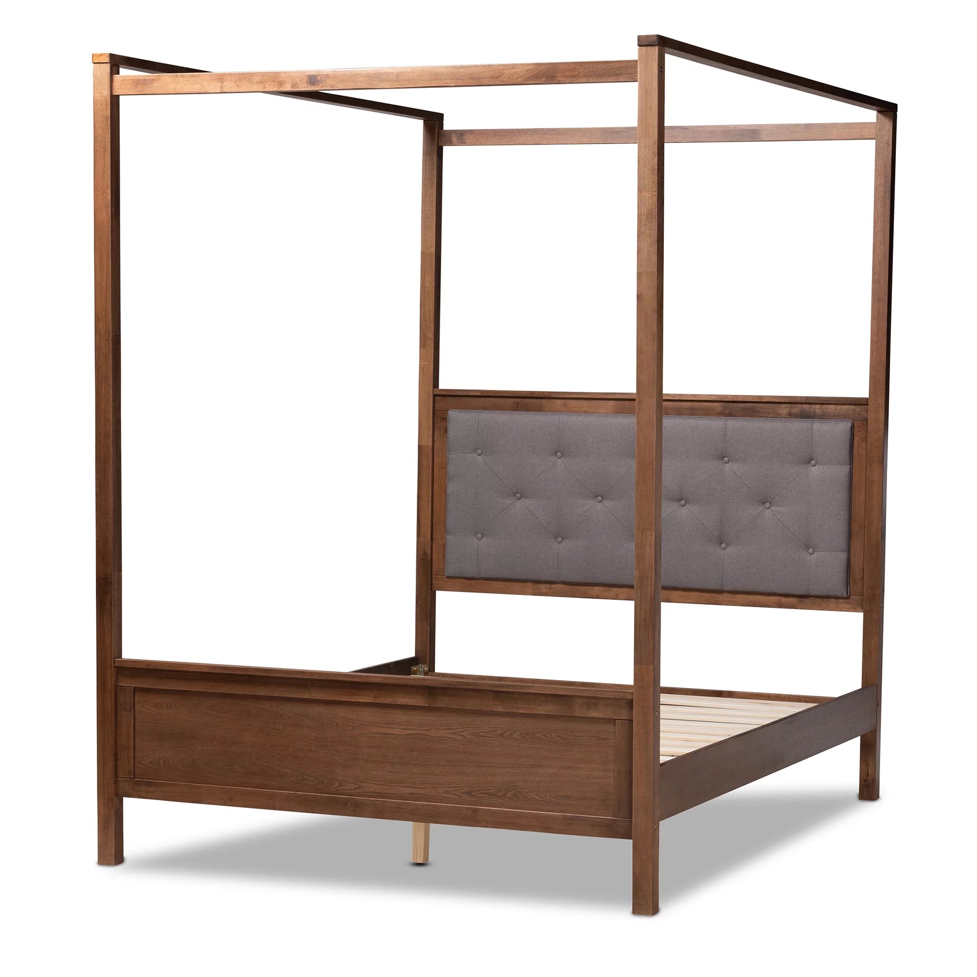 Queen Size Grey Fabric Upholstered Wood Platform Canopy Bed Y276