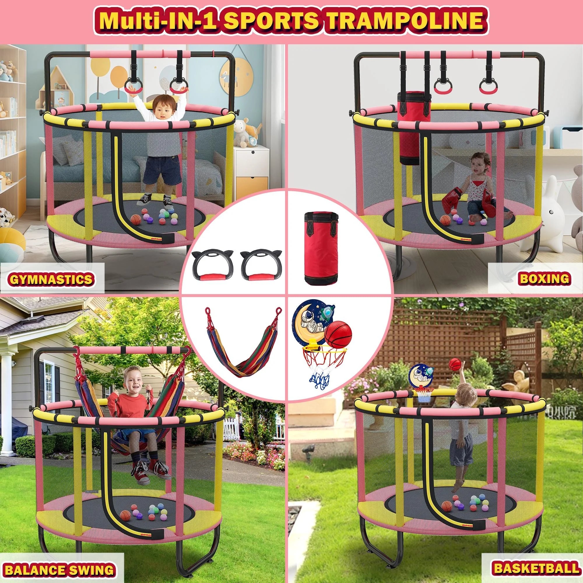 Mini Trampoline with Enclosure and Basketball Hoop D305